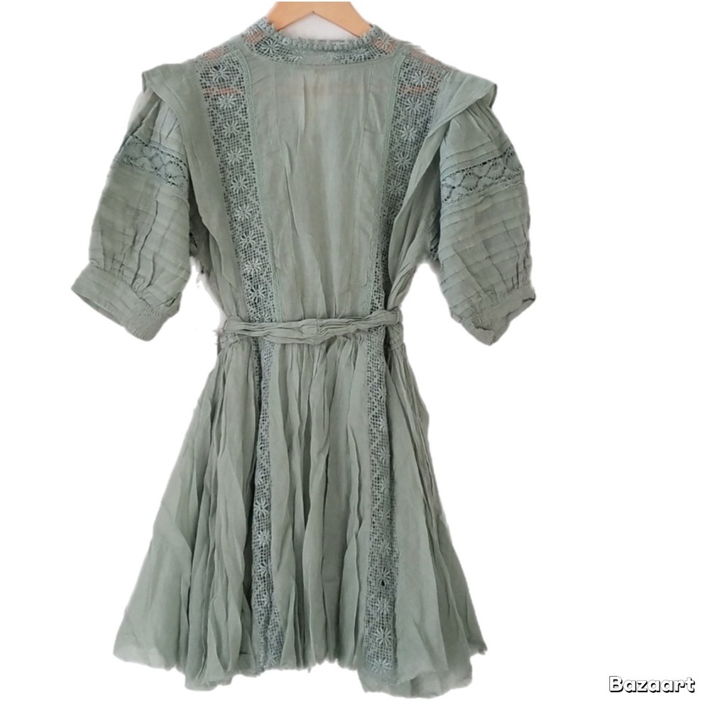 Free People Sydney Mint Green Mini Boho Dress Lace Button Front Balloon Sleeve M - Picture 4 of 10